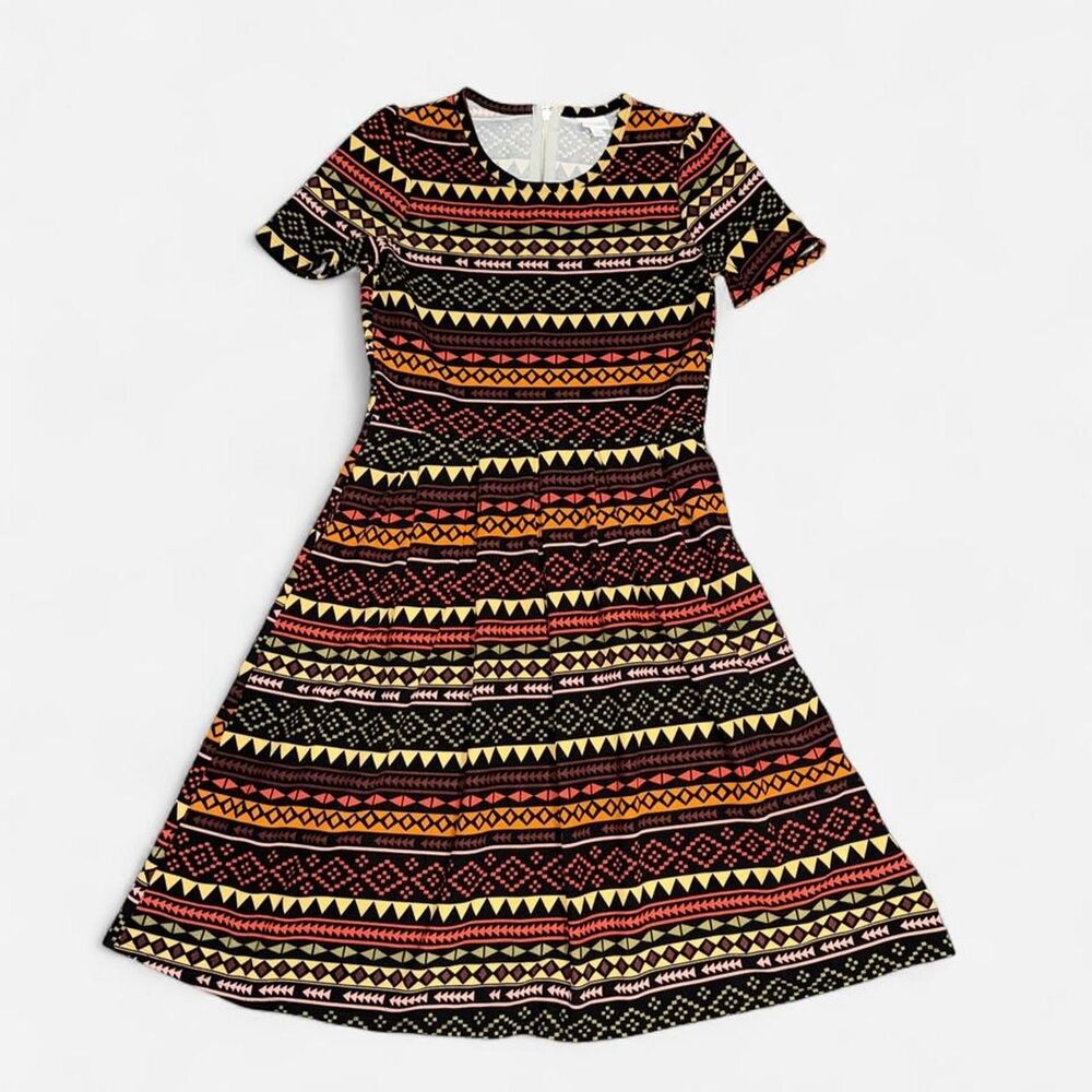 LulaRoe Amelia Pleated Dress with Boho Geometric Tribal Pattern, Large
